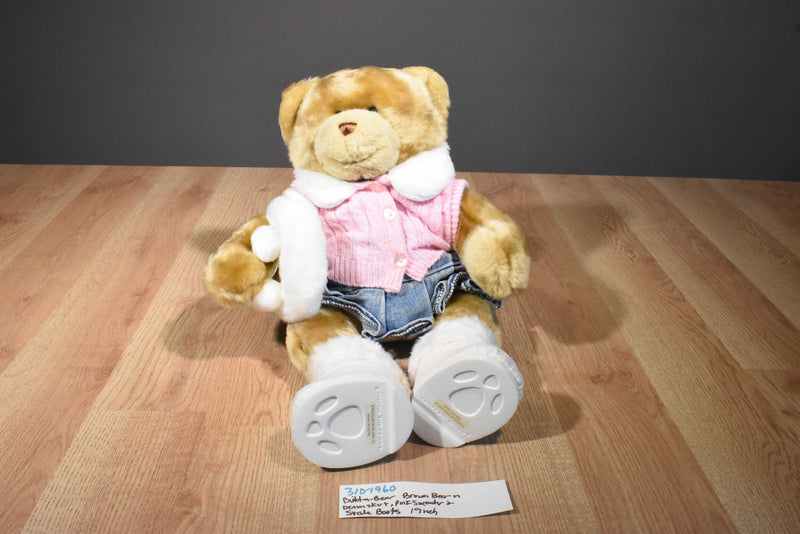 Build a Bear Tan Bear Beanbag Plush Wearing Pink Sweater Denim Skirt