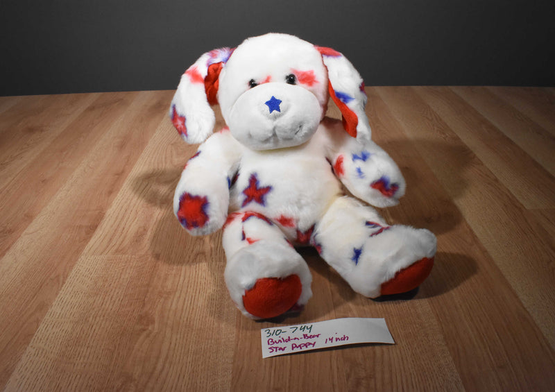 Build a Bear Patriotic White Puppy Dog With Red and Blue Stars Plush