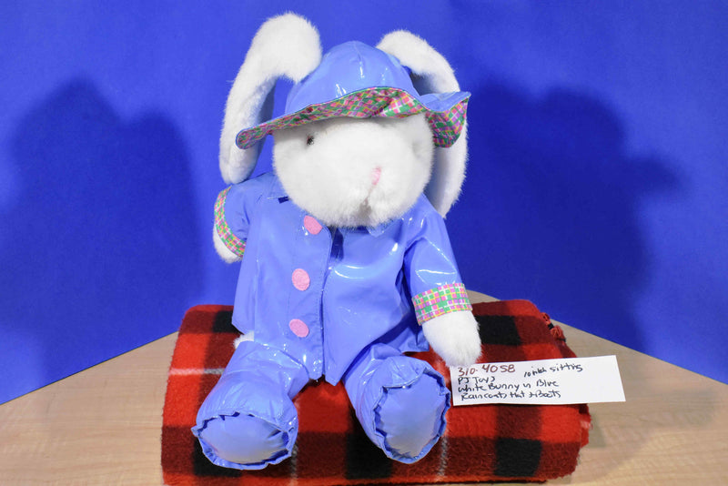 P J Toys White Bunny Rabbit in Vinyl Blue Rain Coat and Boots Plush