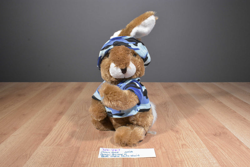 Dan Dee Brown and White Bunny Rabbit Plush in Blue Camo Shirt and Hat