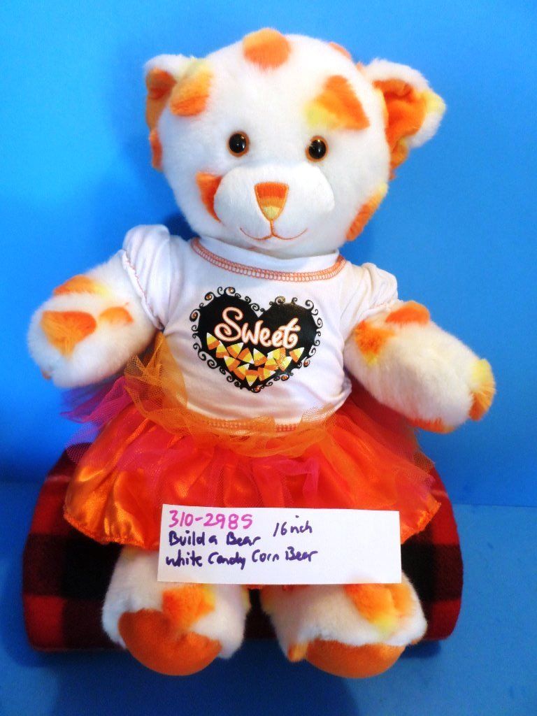 Build-A-Bear White Candy Corn Bear in Orange Dress Plush